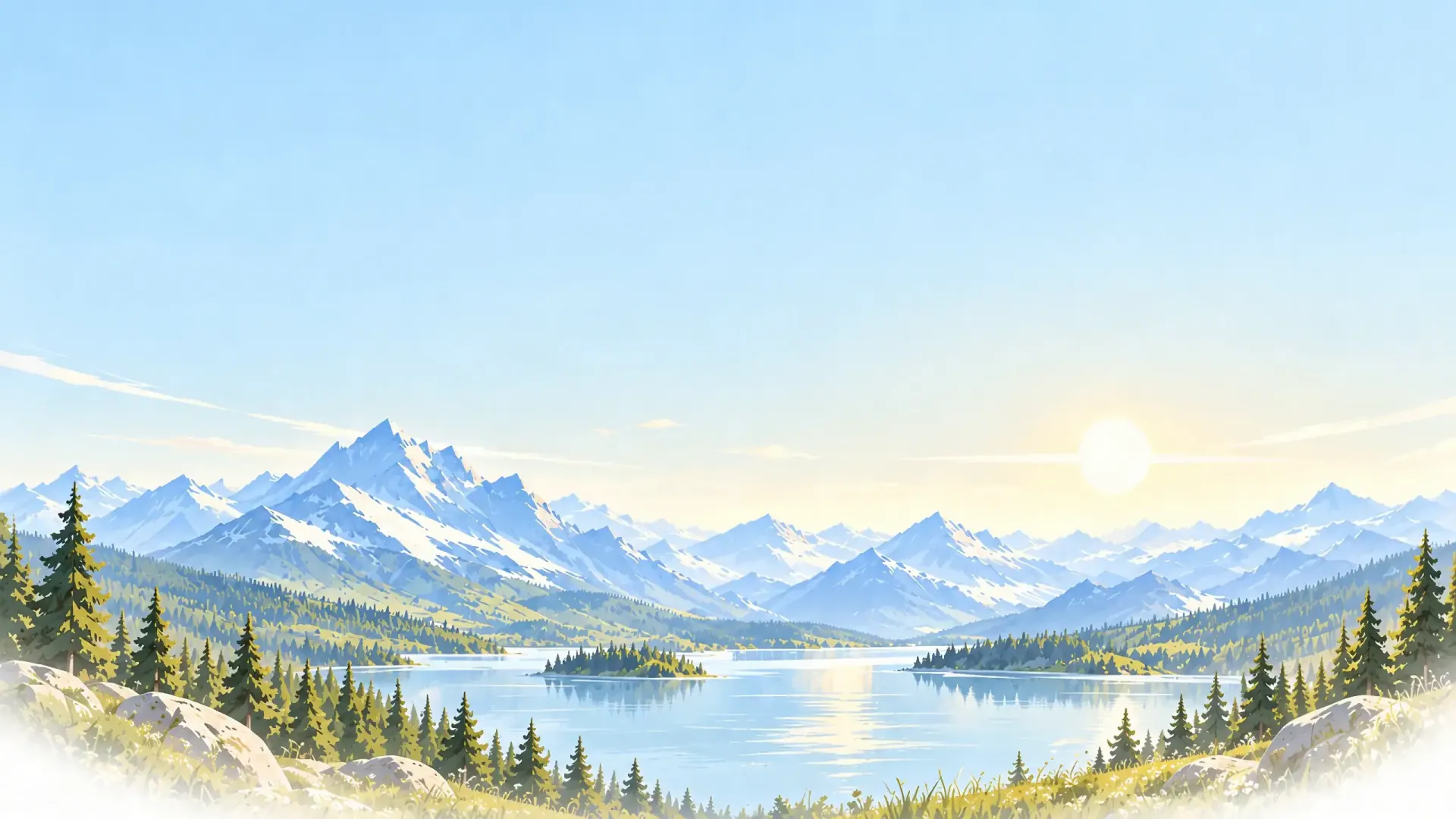 A spacious blue sky above layered alpine mountains, green pine forests, and a turquoise lake.